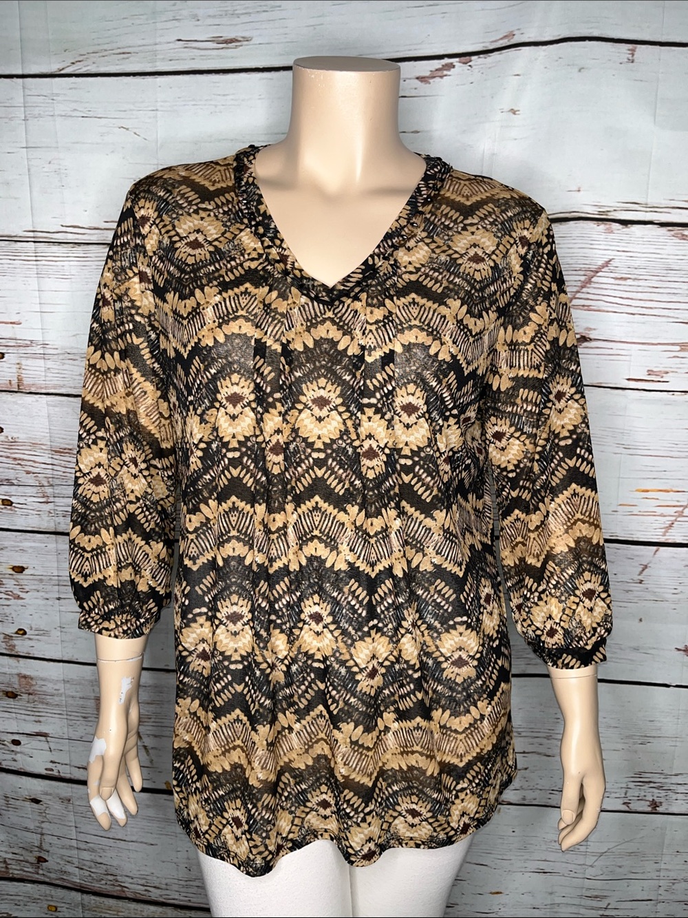 Susan Graver Size XL Tan & Black Printed Embellished V-Neck Mesh Blouse Top